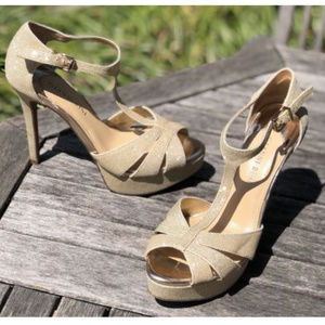 GIANNI BINI  SPARKLE PLATFORM T STRAP SHOES HEELS